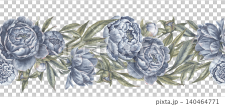 Watercolor navy blue peony flowers botanical seamless border. Hand drawn garland with leaves and bud in vintage delicate style. Floral design for romantic wedding card or decorative divider template. Watercolor navy blue peony flowers botanical seamless border. Hand drawn garland with leaves and bud in vintage delicate style. Floral design for romantic wedding card or decorative divider template. 140464771