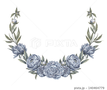 Indigo blue peony flower half round wreath botanical illustration. Hand drawn watercolor bouquet with leaves and bud in vintage style. Floral frame design for wedding invitation or logo template. Indigo blue peony flower half round wreath botanical illustration. Hand drawn watercolor bouquet with leaves and bud in vintage style. Floral frame design for wedding invitation or logo template. 140464779