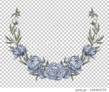Indigo blue peony flower half round wreath botanical illustration. Hand drawn watercolor bouquet with leaves and bud in vintage style. Floral frame design for wedding invitation or logo template. Indigo blue peony flower half round wreath botanical illustration. Hand drawn watercolor bouquet with leaves and bud in vintage style. Floral frame design for wedding invitation or logo template. 140464779