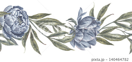 Watercolor navy blue peony flower botanical seamless border. Hand drawn garland with leaves and bud in vintage delicate style. Floral design for romantic wedding card or decorative divider template. Watercolor navy blue peony flower botanical seamless border. Hand drawn garland with leaves and bud in vintage delicate style. Floral design for romantic wedding card or decorative divider template. 140464782