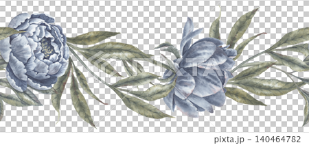 Watercolor navy blue peony flower botanical seamless border. Hand drawn garland with leaves and bud in vintage delicate style. Floral design for romantic wedding card or decorative divider template. Watercolor navy blue peony flower botanical seamless border. Hand drawn garland with leaves and bud in vintage delicate style. Floral design for romantic wedding card or decorative divider template. 140464782
