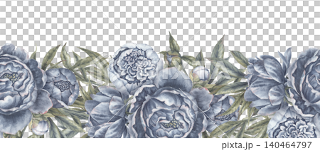 Watercolor navy blue peony flower botanical seamless border. Hand drawn garland with leaves and bud in vintage delicate style. Floral design for romantic wedding card or lower divider template. Watercolor navy blue peony flower botanical seamless border. Hand drawn garland with leaves and bud in vintage delicate style. Floral design for romantic wedding card or lower divider template. 140464797