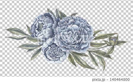 Watercolor indigo blue peony flower botanical arrangement. Hand drawn bouquet with leaves and bud in vintage style. Floral design for wedding invitation. Romantic garden card decorative art element. Watercolor indigo blue peony flower botanical arrangement. Hand drawn bouquet with leaves and bud in vintage style. Floral design for wedding invitation. Romantic garden card decorative art element. 140464800