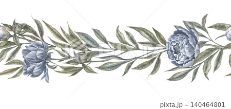 Watercolor indigo blue peony flower botanical seamless border. Hand drawn garland with leaves and bud in vintage delicate style. Floral design for romantic wedding card or decorative divider template. Watercolor indigo blue peony flower botanical seamless border. Hand drawn garland with leaves and bud in vintage delicate style. Floral design for romantic wedding card or decorative divider template. 140464801