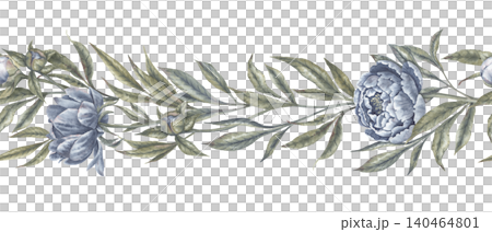 Watercolor indigo blue peony flower botanical seamless border. Hand drawn garland with leaves and bud in vintage delicate style. Floral design for romantic wedding card or decorative divider template. Watercolor indigo blue peony flower botanical seamless border. Hand drawn garland with leaves and bud in vintage delicate style. Floral design for romantic wedding card or decorative divider template. 140464801