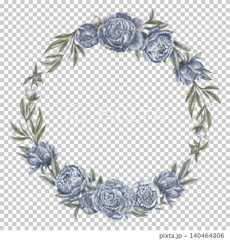 Indigo blue peony flower round wreath botanical illustration. Hand drawn watercolor bouquet with leaves and bud in vintage delicate style. Floral frame design for wedding invitation or logo template. Indigo blue peony flower round wreath botanical illustration. Hand drawn watercolor bouquet with leaves and bud in vintage delicate style. Floral frame design for wedding invitation or logo template. 140464806