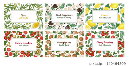 Vegetable food card background set vector illustration. Hand drawn tomato cherry with olive oil and mushroom. Organic kitchen menu design for natural market. Green farm product packaging template. Vegetable food card background set vector illustration. Hand drawn tomato cherry with olive oil and mushroom. Organic kitchen menu design for natural market. Green farm product packaging template. 140464809