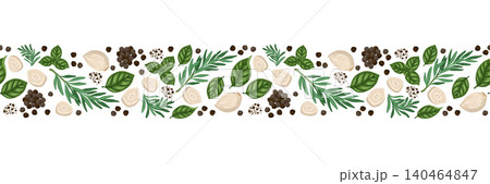 Seamless border of garlic and rosemary. Vector hand drawn food illustration for kitchen menu and restaurant template. Cartoon repeat black peppercorn and basil drawing perfect for washi tape graphic. Seamless border of garlic and rosemary. Vector hand drawn food illustration for kitchen menu and restaurant template. Cartoon repeat black peppercorn and basil drawing perfect for washi tape graphic. 140464847