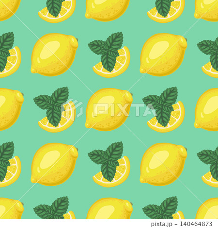 Lemon and mint vector seamless pattern. Hand drawn yellow citrus and peppermint on turquoise background. Summer tropical fruit for kitchen cafe design. Natural organic print for wallpaper or textile. Lemon and mint vector seamless pattern. Hand drawn yellow citrus and peppermint on turquoise background. Summer tropical fruit for kitchen cafe design. Natural organic print for wallpaper or textile. 140464873