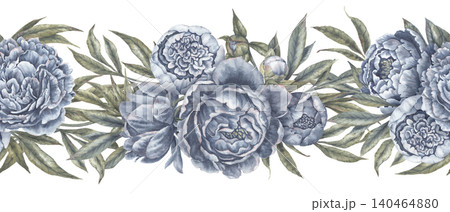 Watercolor navy blue peony flower botanical seamless border. Hand drawn garland with leaves and bud in vintage delicate style. Floral design for romantic wedding card or decorative divider template. 140464880