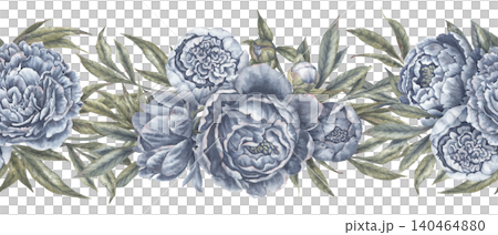Watercolor navy blue peony flower botanical seamless border. Hand drawn garland with leaves and bud in vintage delicate style. Floral design for romantic wedding card or decorative divider template. 140464880