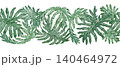 Tropical leaves seamless border of Philodendron Selloum watercolor botanical illustration. Hand drawn green foliage template with realistic plant texture. Nature indoor shrub garland for card design. 140464972