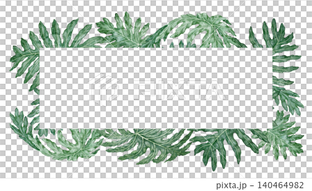 Tropical leaves rectangular frame Philodendron Selloum watercolor botanical illustration. Hand drawn green foliage texture with copy space. Floral nature design for garden card decorative template. Tropical leaves rectangular frame Philodendron Selloum watercolor botanical illustration. Hand drawn green foliage texture with copy space. Floral nature design for garden card decorative template. 140464982