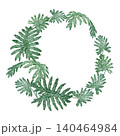 Watercolor tropical leaves round wreath. Hand drawn green foliage circle with detailed texture and realistic plant form. Floral design for garden card. Nature greenery template for botanical art. 140464984
