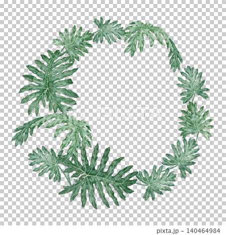 Watercolor tropical leaves round wreath. Hand drawn green foliage circle with detailed texture and realistic plant form. Floral design for garden card. Nature greenery template for botanical art. 140464984