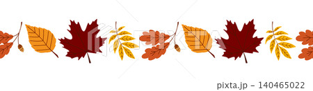 Seamless border pattern with fallen leaves in a row for contour design, maple, American beech, oak, hickory, American autumn leaves 140465022