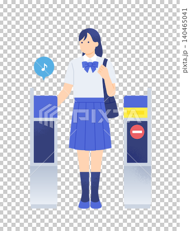 Full-body illustration of a female student in summer uniform touching her card at the ticket gate on her way to school. Full-body illustration of a female student in summer uniform touching her card at the ticket gate on her way to school. 140465041