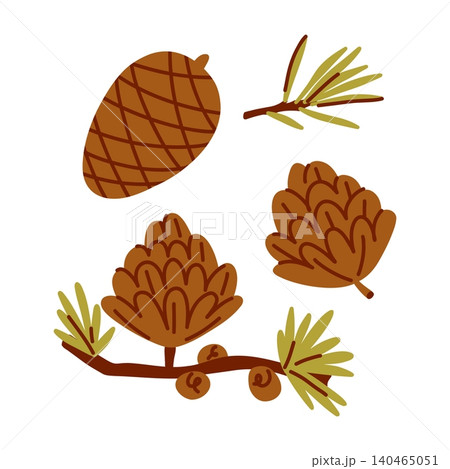 Pine Cones and Pine Needles Elements Collection Whole and open stylized pine cones on a branch among the needles of an autumn forest 140465051