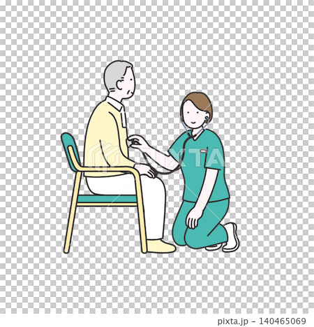 Home nursing care: Illustration of a nurse examining a senior male with a stethoscope. Home nursing care: Illustration of a nurse examining a senior male with a stethoscope. 140465069