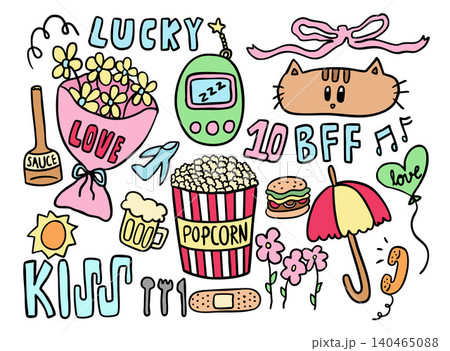 Vector illustration of kid drawing elements such as flower bouquet, cat, pink ribbon, popcorn, beer glass, umbrella, flowers, band aid, burger, fork, spoon and knife, sun, sauce bottle, balloon, plane Vector illustration of kid drawing elements such as flower bouquet, cat, pink ribbon, popcorn, beer glass, umbrella, flowers, band aid, burger, fork, spoon and knife, sun, sauce bottle, balloon, plane 140465088