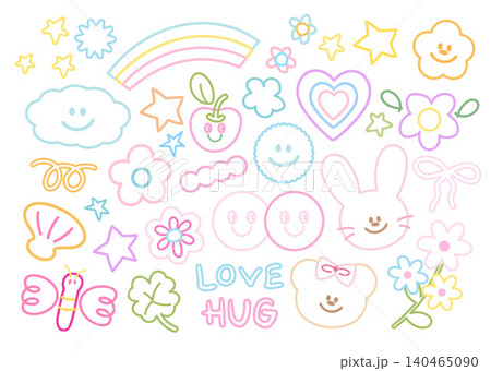 Cute outlines of teddy bear, bunny, apple, butterfly, rainbow, flowers, heart, cloud, seashell, clover leaf, star for decorations, animal, colouring book, tattoo, stickers, sweet dessert, zoo, easter	 140465090