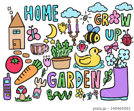Vector illustration of kid drawing elements such as home, butterfly, moon, stars, tomato, carrot, garden boots, flowers, bee, duck, candle, bird, cloud, worm, mobile phone, mushroom, tea mug, ladybug	 140465091