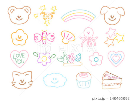 Cute outlines of teddy bear, puppy, cat, rainbow, butterfly, seashell, octopus, stars, flower, cupcake, cake, heart, cloud for decorations, animal, colouring book, tattoo, stickers, under the sea Cute outlines of teddy bear, puppy, cat, rainbow, butterfly, seashell, octopus, stars, flower, cupcake, cake, heart, cloud for decorations, animal, colouring book, tattoo, stickers, under the sea 140465092