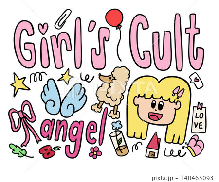 Vector illustrations of kid drawing style elements such as girl, puddle dog, angel wings, stars, apple, tree leaf, red balloon, home, butterfly, flowers, GIRL'S CULT letters for font, girl power Vector illustrations of kid drawing style elements such as girl, puddle dog, angel wings, stars, apple, tree leaf, red balloon, home, butterfly, flowers, GIRL'S CULT letters for font, girl power 140465093