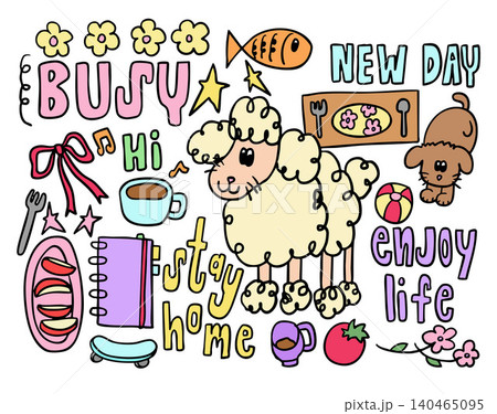 Vector illustration of kid drawing elements such as sheep, puppy, fish, hot coffee cup, notebook, plate with flower print, spoon and fork set, red ribbon, pieces of apples on plate, skateboard, tomato 140465095
