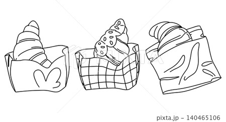 Set of linear croissants in paper bags, sweet buns takeaway food, fresh puff pastry from coffee shop, bakery, menu design Set of linear croissants in paper bags, sweet buns takeaway food, fresh puff pastry from coffee shop, bakery, menu design 140465106