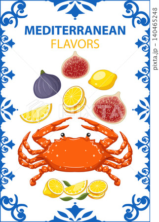 Mediterranean Flavors Illustration with Red Crab Figs and Lemons 140465248