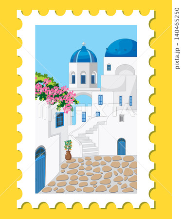 Mediterranean Village Postage Stamp Illustration with Blue Domes and Flowers Mediterranean Village Postage Stamp Illustration with Blue Domes and Flowers 140465250