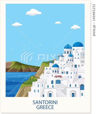 Vector Illustration of Mediterranean Coastal Village with Blue Domed Architecture 140465252
