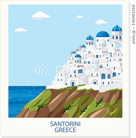 Vector Illustration of Mediterranean Coastal Village with Blue Domed Buildings Vector Illustration of Mediterranean Coastal Village with Blue Domed Buildings 140465269