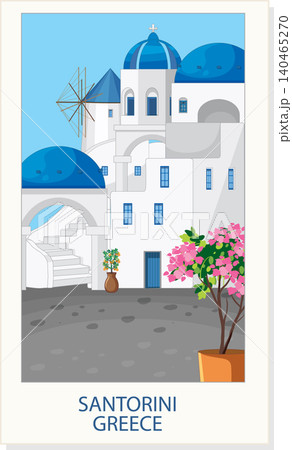 Mediterranean Coastal Village Illustration with Blue Domes and White Buildings 140465270