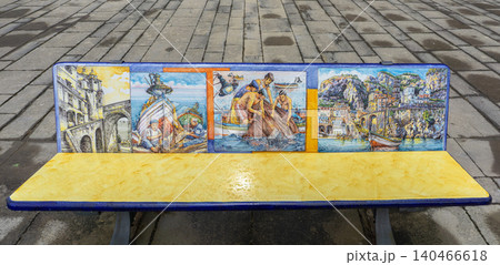 Concrete bench adorned with a colored ceramic mosaic. Typical of the Amalfi Coast, Italy. 140466618