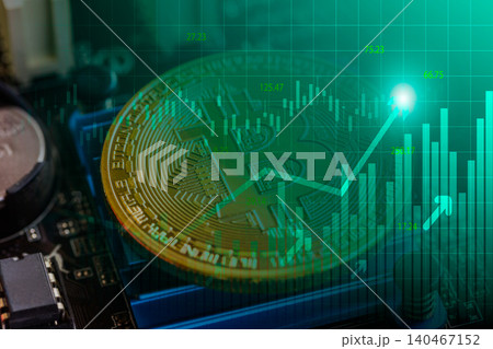 Modern way of exchange. Bitcoin is convenient payment in global economy market. Virtual digital currency and financial investment trade concept. Abstract cryptocurrency with gold bitcoin background. Modern way of exchange. Bitcoin is convenient payment in global economy market. Virtual digital currency and financial investment trade concept. Abstract cryptocurrency with gold bitcoin background. 140467152