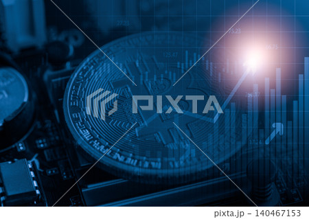 Modern way of exchange. Bitcoin is convenient payment in global economy market. Virtual digital currency and financial investment trade concept. Abstract cryptocurrency with gold bitcoin background. 140467153