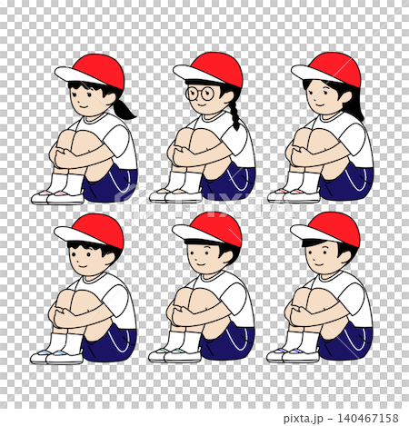 六名身穿運動服的孩子盤腿而坐的向量插圖（運動會、紅白相間的帽子、體育課） 140467158