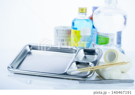 Medical equipment for treating infections. Wound care dressing set. Medical supplies for nurses. Conform bandage, forceps, cotton stick, alcohol. Sterile dressing materials. Healthcare equipment. 140467191