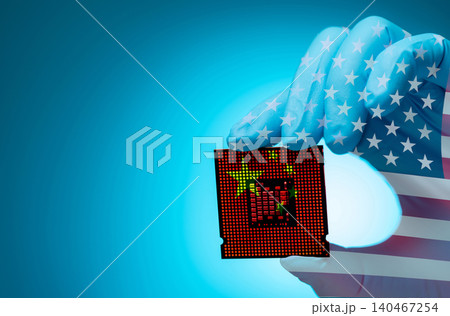 US-China chip war. Semiconductor industry. Geopolitical battleground. Tensions in US-China semiconductor reshape chip stocks and Taiwan's tech landscape, driving innovation amid export restrictions. 140467254