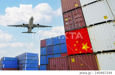 China export industry and global supply chain. Cargo airplane flying over logistic containers. Air logistics, shipping business, and merchandise export. Trade agreements and geopolitical implications. China export industry and global supply chain. Cargo airplane flying over logistic containers. Air logistics, shipping business, and merchandise export. Trade agreements and geopolitical implications. 140467294