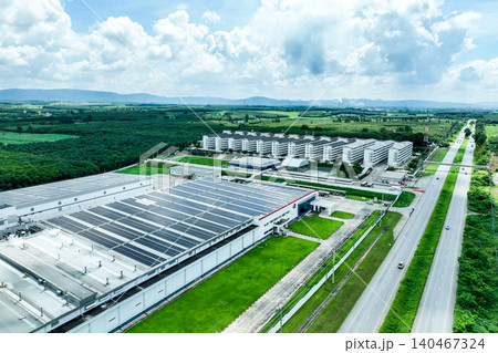 Solar energy for factory and warehouse building. Solar panels on roof of industrial plant. Commercial solar power. Rooftop solar power. Rooftop renewable energy system. Sustainable green energy. Solar energy for factory and warehouse building. Solar panels on roof of industrial plant. Commercial solar power. Rooftop solar power. Rooftop renewable energy system. Sustainable green energy. 140467324