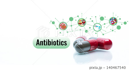 Antibiotic drugs. Prescription drugs. Antibiotic capsule pills. Antibiotic drug selection. Antibiotic drug research and development. Pharmaceutical industry. Quality control in drug production. GMP. 140467540
