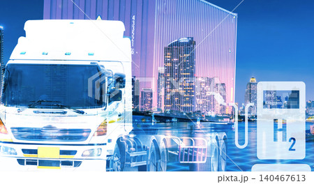 Electric truck and hydrogen fueling station in sustainable city. Zero emission transport with hydrogen fuel cell vehicles and green technology. Hydrogen economy. Commercial logistic truck transport. 140467613