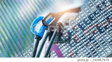 Electric vehicle and solar energy. Sustainable energy. Electric car charging station for charge EV battery. Plug for electric vehicle. EV charger. Clean and sustainable energy for transportation. Electric vehicle and solar energy. Sustainable energy. Electric car charging station for charge EV battery. Plug for electric vehicle. EV charger. Clean and sustainable energy for transportation. 140467670
