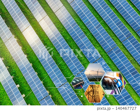 Sustainable energy concept. Solar power, wind energy, lithium-ion battery, alternative electricity source, and ev charging station. Renewable energy. Sustainable development. Green tech. Green energy. 140467727