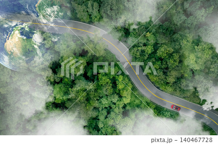 Aerial view of zero emission car driving on highway road in green forest. Sustainable transport. Electric vehicle driving on asphalt road. Green mobility. Hydrogen car. Earth image provided by Nasa 140467728