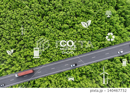 Renewable, sustainable energy for electric vehicle. Sustainable transportation. EV car charging battery with clean energy from sun and wind. Green technology. Net zero emission and carbon neutrality. 140467732