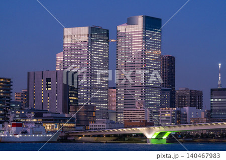 東京湾岸の高層ビル群と東京スカイツリーの夜景 140467983